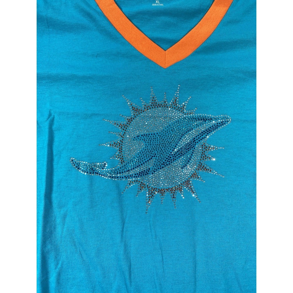 NEW NFL Team Apparel Womens Shirt XL Shimmering Sequins Miami Dolphins Big Logo